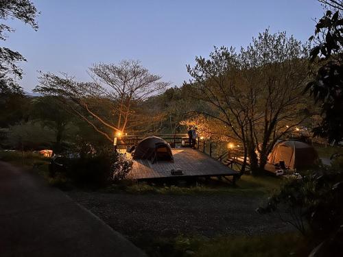 南伊豆町ぼっちの森的一群帐篷在晚上在田野里