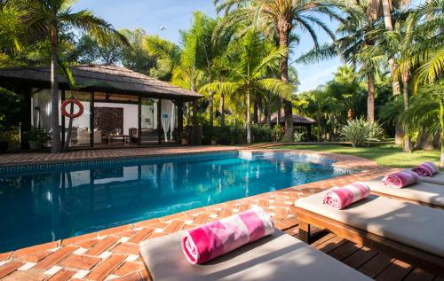马贝拉Villa in a palm tree plantation的一座房子旁的游泳池,设有两张躺椅