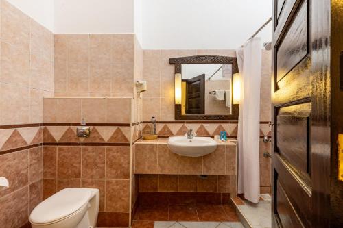 蒙巴萨森特林城堡皇家酒店的一间带卫生间、水槽和镜子的浴室