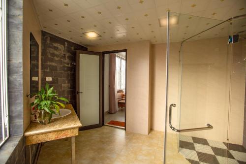 萨帕Grand Flamant Hotel Sapa的一间带玻璃淋浴和水槽的浴室