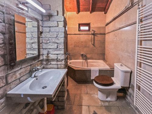 卡斯托里亚The Little Stone House by the Lake的浴室配有盥洗盆、卫生间和浴缸。