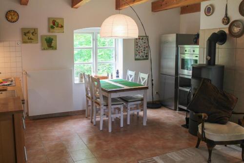 普特布斯Altes Waschhaus的厨房配有桌椅和冰箱。