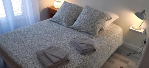 土伦Logement Le Serein的一间卧室配有一张床,上面有两条毛巾