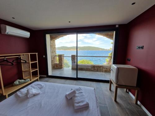 勒旺岛VILLA MANDRAGORE Ile du Levant的一间卧室配有一张床,享有水景