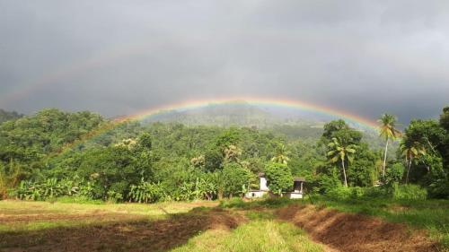 马特莱Spiritual Nature Farm - Sri Lanka的一座有房子和树木的田野上的彩虹