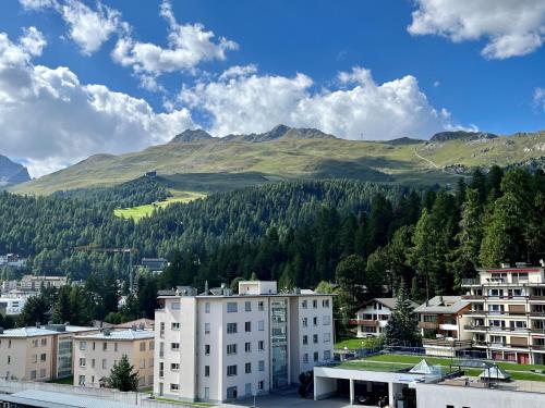 圣莫里茨Aladin Apartments St Moritz的一座有建筑的城市和一座山底