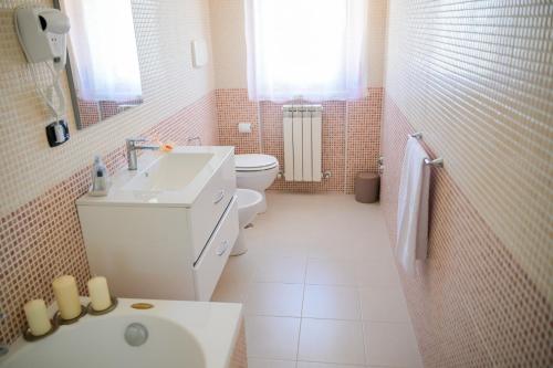 蒙塔尔图富戈Venere apartement house的一间带水槽、卫生间和镜子的浴室