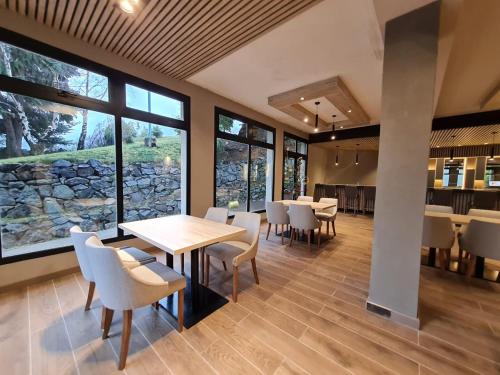 圣卡洛斯-德巴里洛切Hotel Alun Nehuen的用餐室设有桌椅和窗户。