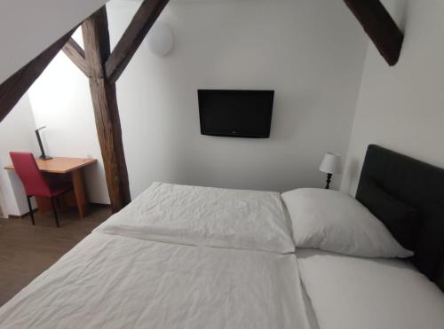 斯特拉科尼采Penzion Na Protivínské的卧室配有一张床,墙上配有电视。