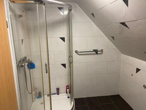 阿伦1 Zimmer mit Bad und Küche in Aalen的浴室里设有玻璃门淋浴