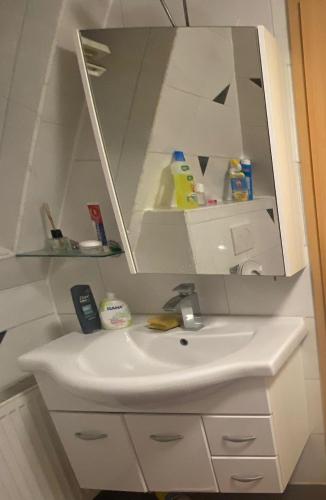 阿伦1 Zimmer mit Bad und Küche in Aalen的一间带水槽和镜子的浴室