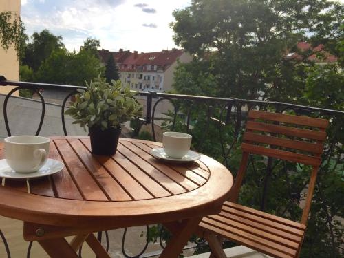 汉诺威H50公寓的阳台上的木桌,有2杯和盆栽植物