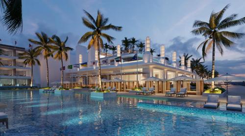Green IslandPrincess Senses The Mangrove Resort - Adults Only的大楼前设有游泳池的酒店