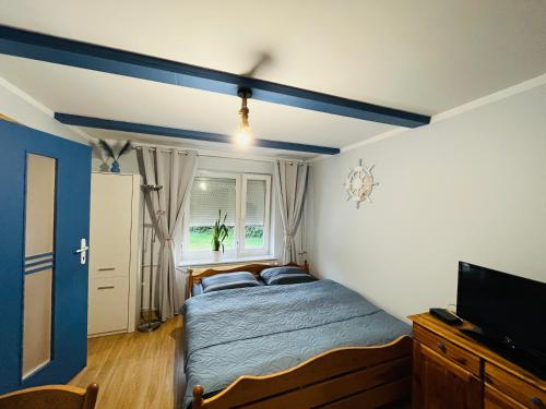 斯图托沃Czapla siwa的一间卧室配有一张床和一台电视