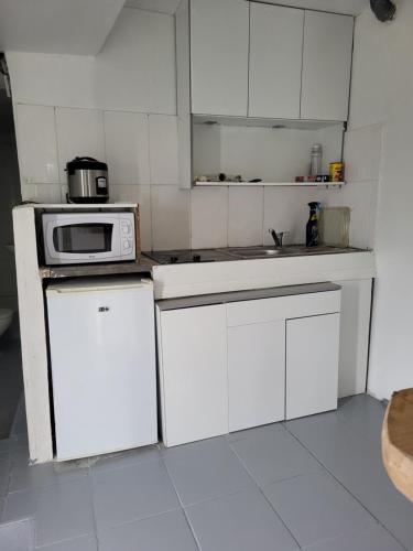 AureilhanHamidani jkkld的白色的厨房配备了微波炉和冰箱。