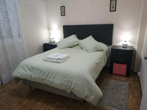 蒙得维的亚Hermoso Apto de 3 Dormitorios 86m2 en Tres Cruces的一间卧室配有一张床,上面有两条毛巾