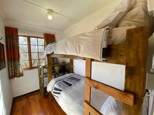 萨尼山口Sani Lodge Self-Catering Cottages Sani Pass South Africa的带窗户的客房内的两张双层床
