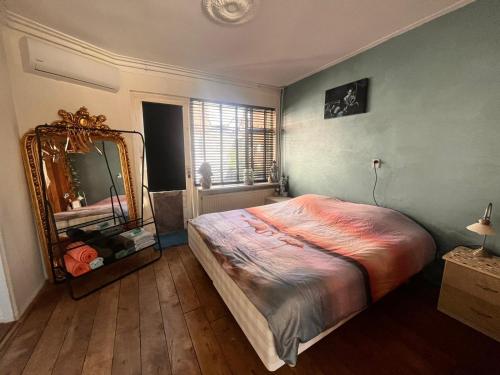 滨海卡特韦克Hippocampus aan Zee的一间卧室配有一张大床和镜子