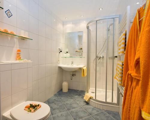 巴特霍夫加施泰因Sonnhof-Christianhof, Appartement的带淋浴、卫生间和盥洗盆的浴室