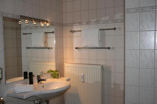 克里米乔中庭酒店的浴室配有盥洗盆和带镜子的淋浴