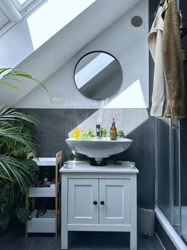 布伦瑞克SKYLINE Penthouse Apartment - Luxus & Zentral的浴室设有白色水槽和镜子