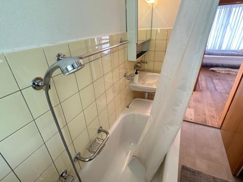 坎德施泰格Alpina Appartment Kandersteg的带浴缸和盥洗盆的浴室