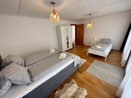 坎德施泰格Alpina Appartment Kandersteg的一间卧室设有一张床和一间客厅。