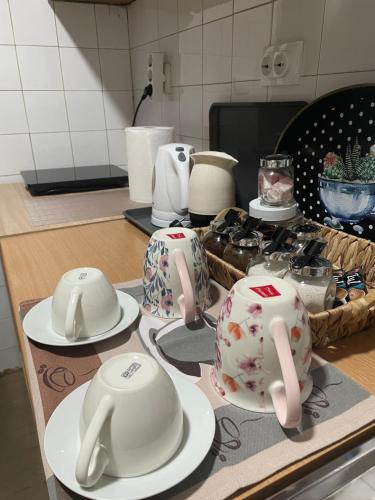 弗拉涅Michel FREE PARKING的厨房柜台配有白色和粉色茶壶和盘子
