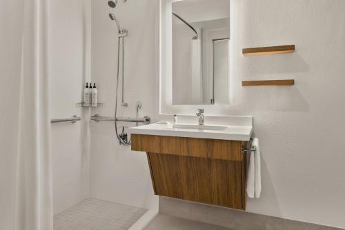 奥兰多Delta Hotels by Marriott Orlando Celebration的一间带水槽、镜子和淋浴的浴室