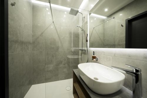 SierpcHotel Ambrozja的浴室配有白色水槽和淋浴。