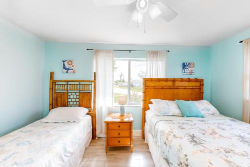 北迈尔斯堡Hip Harbour的卧室设有两张床铺和蓝色的墙壁