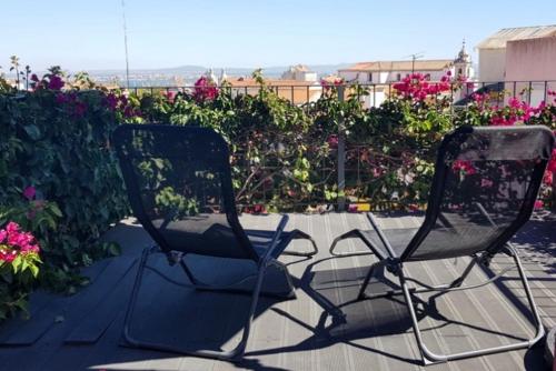 里斯本里斯本丁斯酒店的两把椅子坐在鲜花盛开的花园前