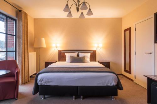 蒂伦豪特Turnhout City Hotel的配有一张床和一把椅子的酒店客房