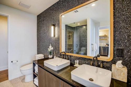 奥斯汀Highrise 1BR Luxe Suite near DT and Vibrant Rainey St的一间带水槽、卫生间和镜子的浴室