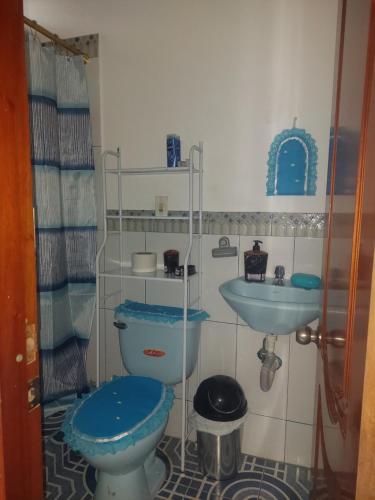 巴克里索莫雷诺港C.C. Habitaciones的浴室设有蓝色的卫生间和水槽。