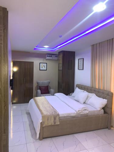 阿布贾Executive Royal Suite Kado的一间卧室配有一张大床和紫色照明