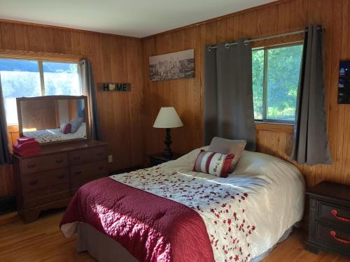 DryforkScenic Solitude的一间卧室配有一张床、梳妆台和镜子