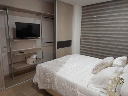 伊瓦格SuiteGreen, exclusivo apartaestudio !!的卧室配有白色的床和电视。