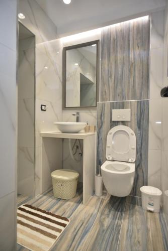 地拉那Tirana Central Apartments的一间带卫生间、水槽和镜子的浴室