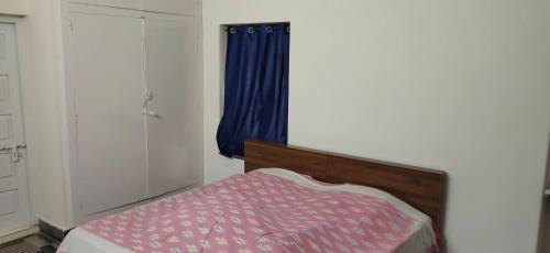 海得拉巴The Ghosh's Home stay的一间卧室配有床和蓝色窗帘