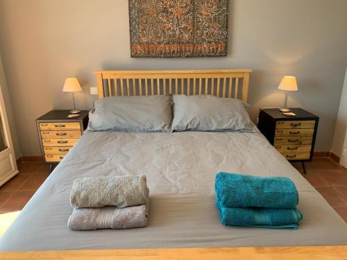 Durban-CorbièresVilla Corbieres的一间卧室配有一张带两个枕头的床