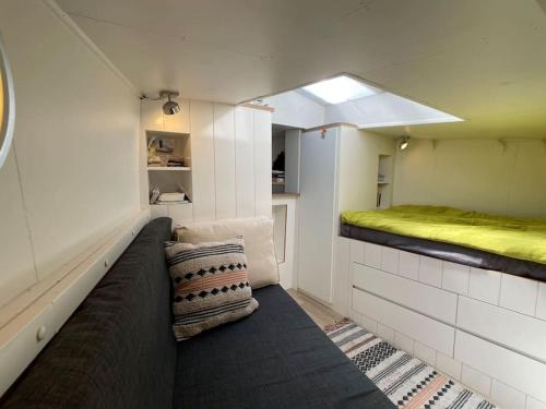 阿姆斯特丹Spacious homely house boat的一间小房间,配有沙发和一张床