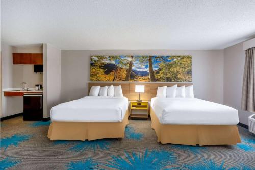 丹佛丹佛国际机场戴斯酒店的酒店客房设有两张床,墙上挂有绘画作品