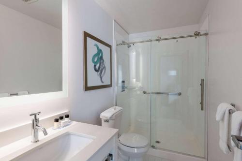 塔拉哈西TRYP by Wyndham Tallahassee North I-10 Capital Circle的带淋浴、盥洗盆和卫生间的浴室