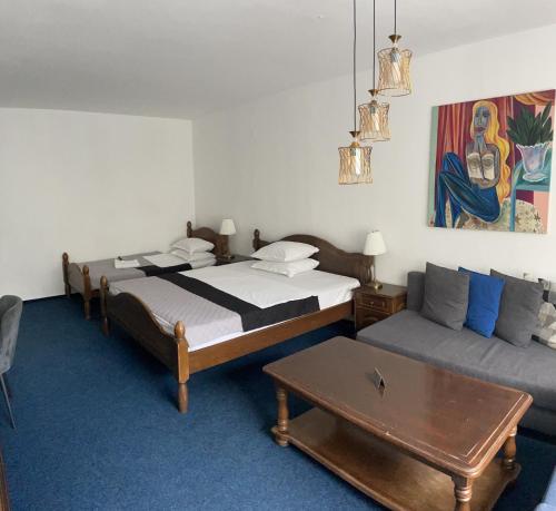 索非亚Hotel Rotasar的一间带两张床和一张沙发的卧室