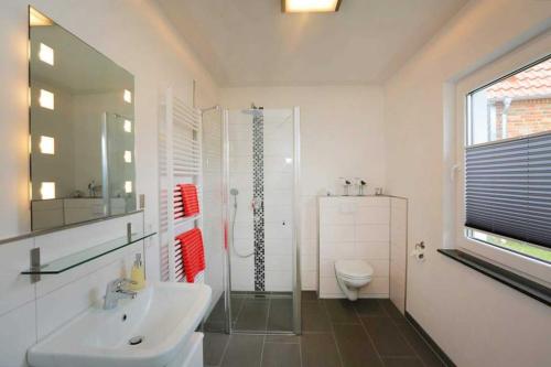 TarnewitzBungalow Mariannenweg 4的一间带水槽、淋浴和卫生间的浴室
