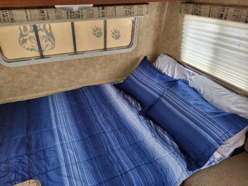 DingwallMoceanset Getaways - Ocean, Mountain & Sunset Views - Cozy Accommodations的一张带蓝色床单的床,一个窗户在rv