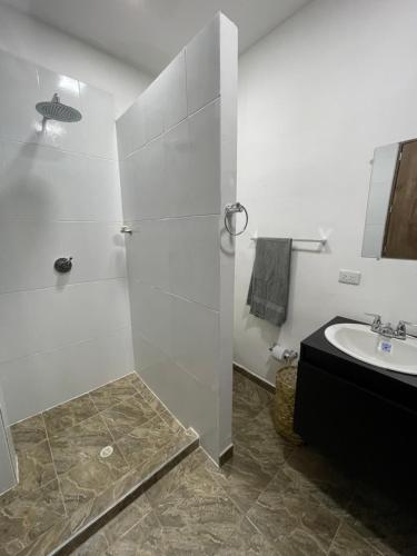 蒙特里亚Casa Del Río的带淋浴和盥洗盆的白色浴室