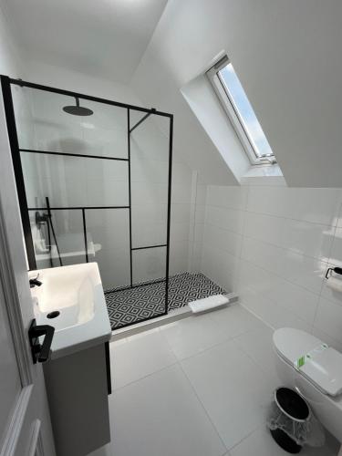 锡比乌Glam Studios的带淋浴和盥洗盆的白色浴室