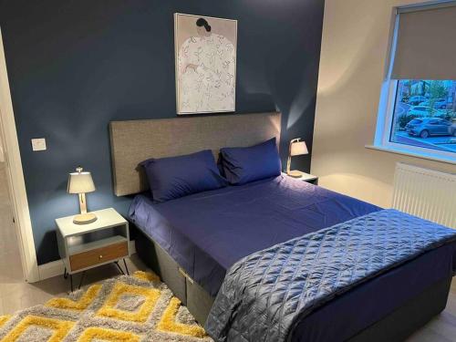 都柏林3 bed rooms Vip family house的一间卧室配有一张带蓝色床单的床和一扇窗户。